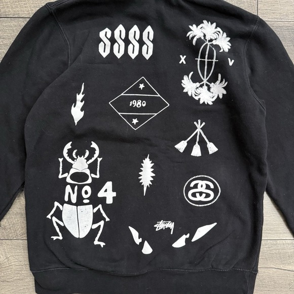 VTG Stussy XV Collab Hoodie Rare Y2K Multi Hit Graphic Back Print USA Mens Sz S - Picture 5 of 13